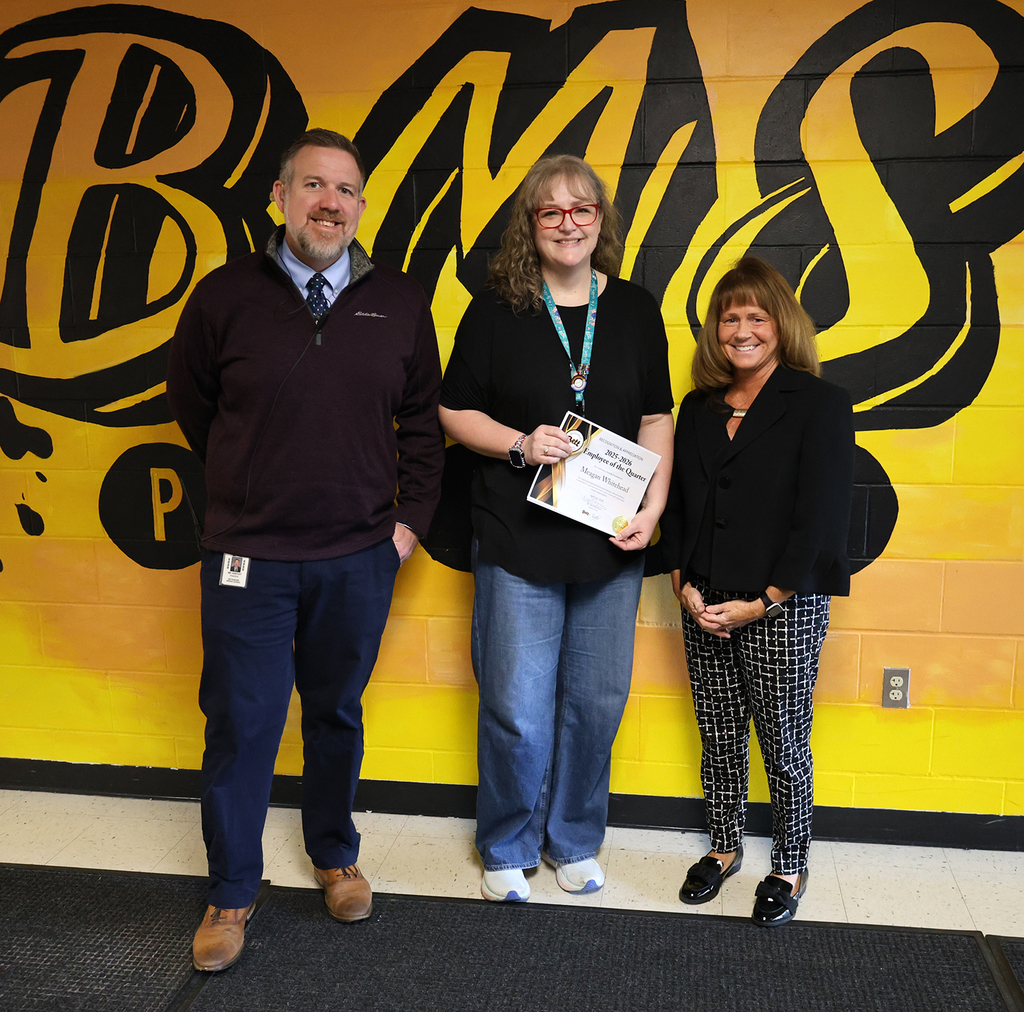 Principal Alan Hartley, Meagan Whitehead, Dr. Michelle Morse in front of BMS mural