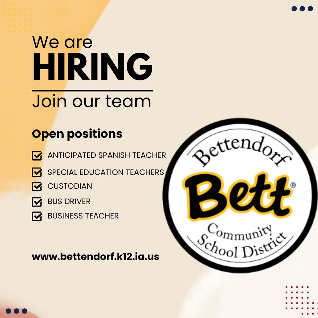 Passionate about supporting students and schools? We’re hiring! Apply Here - https://bit.ly/BettHiring Open Positions: Anticipated Spanish Teacher, Special Education Teachers, Custodian, Bus Driver, and Business Teacher