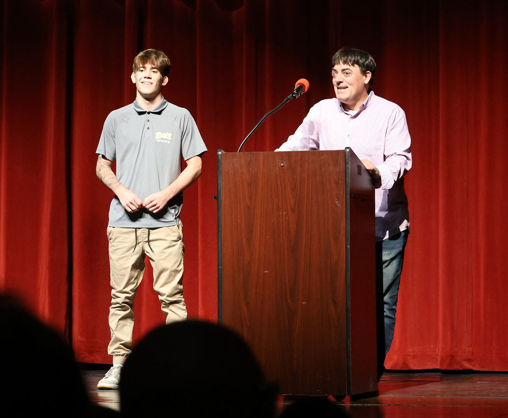 Dave Terronez awarding the BHS Legacy Scholarship to Cody Trevino