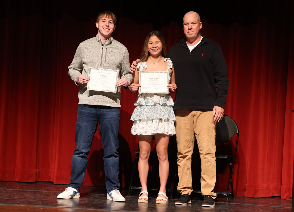 BHS Swimming  Coach Mike Ahren  with Jack Morh and Jenna Farwell recipients of the Stewart N. Lounsberry Award