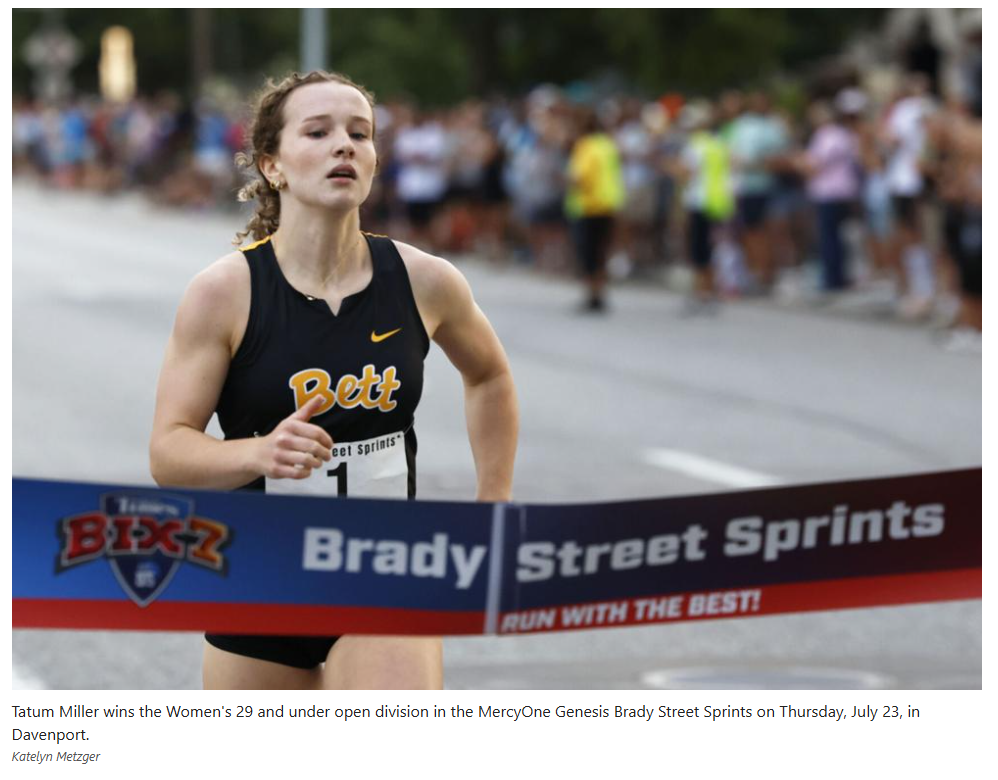 Tatum Miller wins the Women's 29 and under open division in the MercyOne Genesis Brady Street Sprints on Thursday, July 23, in Davenport. Katelyn Metzger