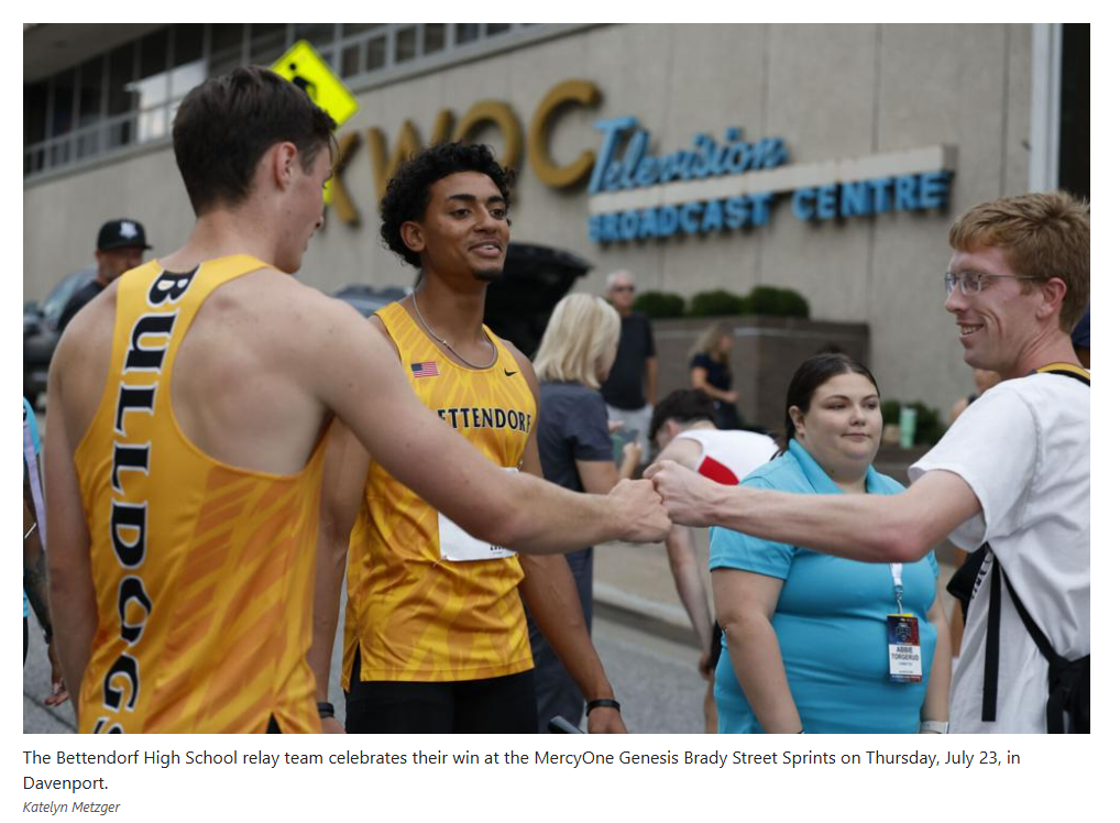 The Bettendorf High School relay team celebrates their win at the MercyOne Genesis Brady Street Sprints on Thursday, July 23, in Davenport. Katelyn Metzger