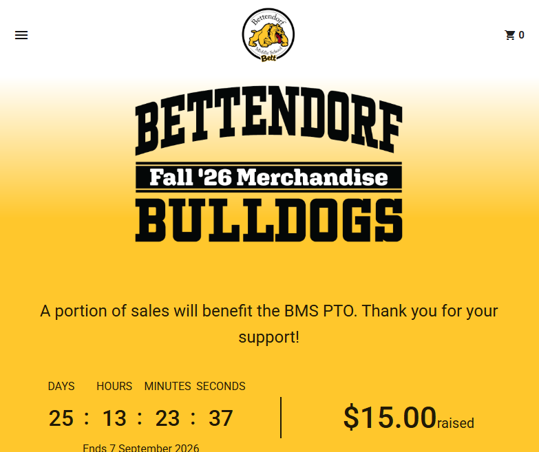 Bettendorf Middle School logo with Bett and bulldog graphics. Bettendorf Bulldogs Fall '26 Merchandise. A portion of sales will benefit the BMS PTO. Thank you for your support. Ends September 7. $15 raised.