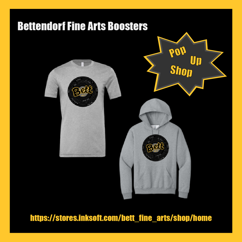 Bett Fine Arts Boosters - Pop Up Shop- picture of a t-shirt and hooded sweastshirt with a Bett graphic and a record background listing : orchestra, choir, marching band. jazz band, theatre, color guard, show choir , band.  https://stores.inksoft.com/bett_fine_arts/shop/home