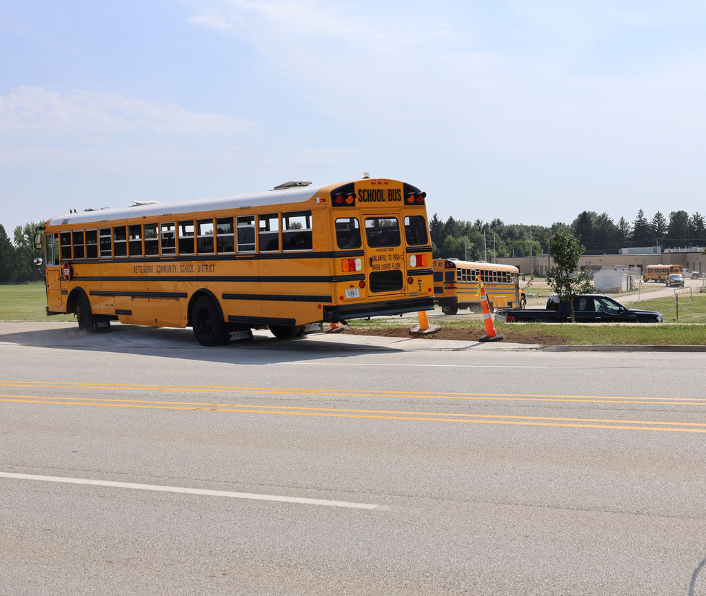 Buses driving onto the MS campus