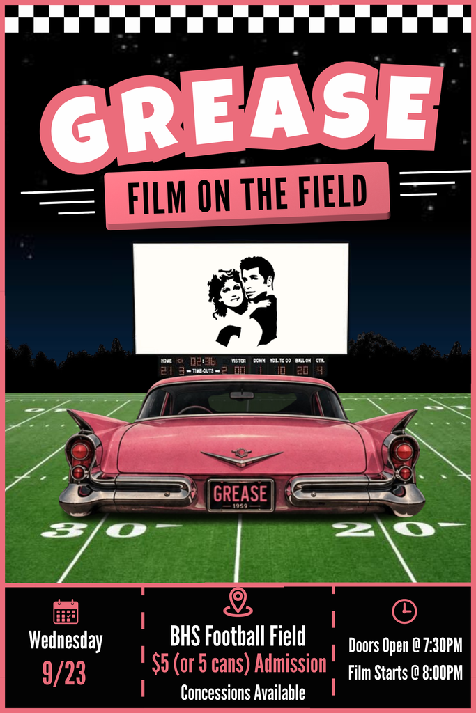 'Grease’ Film on the Field graphic of the film Grease on the screen of a drive in movie on a football field