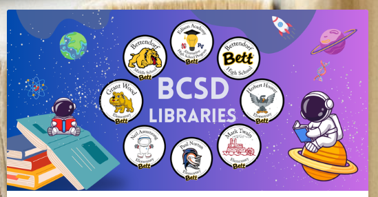 graphics of astronauts on books in a solar system. BCSD Libraries -  the logos for each of the schools with the Bett graphics: Betttendorf high school with the Bett graphic, Edison Academy wit h the light bulb  and graduation cap, Bettnedorf Middle School with the bulldog graphic, Grant Wood elementary with the little dog graphic, Neil Armstrong with th astro graphic, Paul Norton with the knight helmet graphic, Mart Twain Elementary with the steamer graphic, and Herbert Hoover Elementary with the hawk graphic