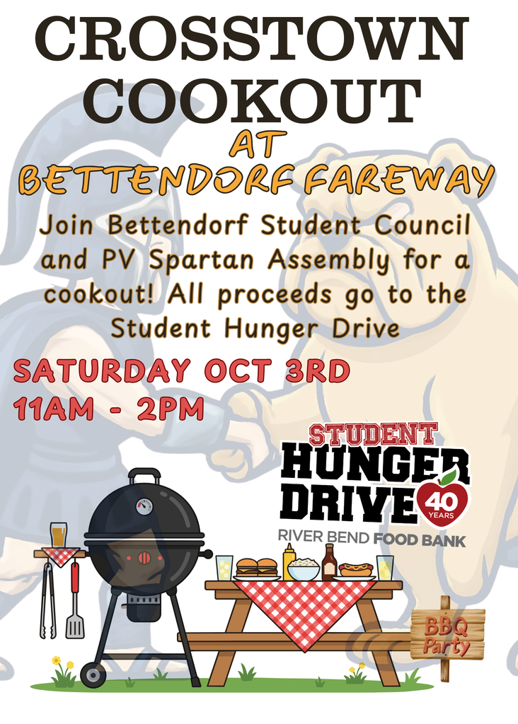 Promotional graphic for the Crosstown Cookout at Bettendorf Fareway. Bettendorf Student Council and Pleasant Valley Spartan Assembly will host a cookout Saturday, Oct. 3, from 11 a.m.–2 p.m. All proceeds benefit the Student Hunger Drive and River Bend Food Bank. Graphic includes Bettendorf and Pleasant Valley mascots, a grill and picnic table with cookout food, and the Student Hunger Drive logo.