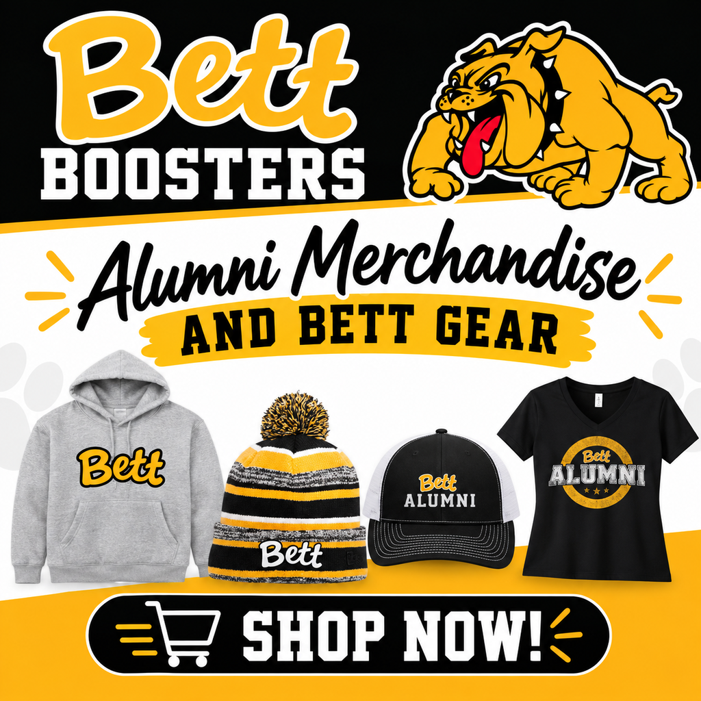 Square Bett Boosters promotional graphic in black, gold and white. The graphic reads “Alumni Merchandise and Bett Gear” and features the Bett bulldog mascot along with a gray Bett hoodie, black-and-gold Bett beanie, Bett Alumni cap and black Bett Alumni T-shirt. A “Shop Now!” button appears at the bottom.