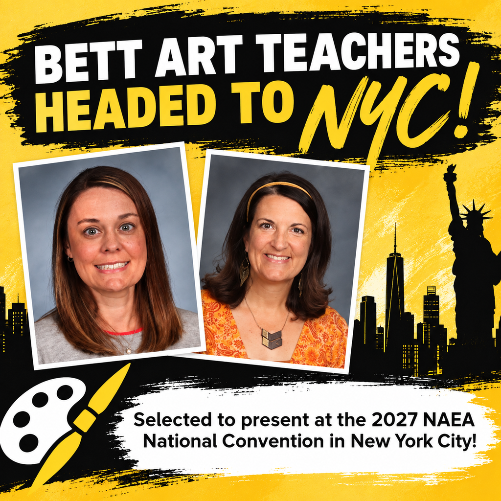 Graphic featuring Bettendorf art teachers Meghan Purcell and Chrissy Block with the text, “Bett Art Teachers Headed to NYC!” They were selected to present at the 2027 NAEA National Convention in New York City.