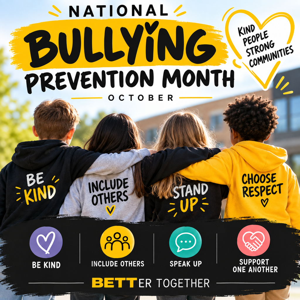 Square National Bullying Prevention Month graphic featuring four students standing arm-in-arm. Messages encourage students to “Be Kind,” “Include Others,” “Stand Up,” “Choose Respect,” “Speak Up,” and “Support One Another.” The graphic concludes with “BETTer Together.”