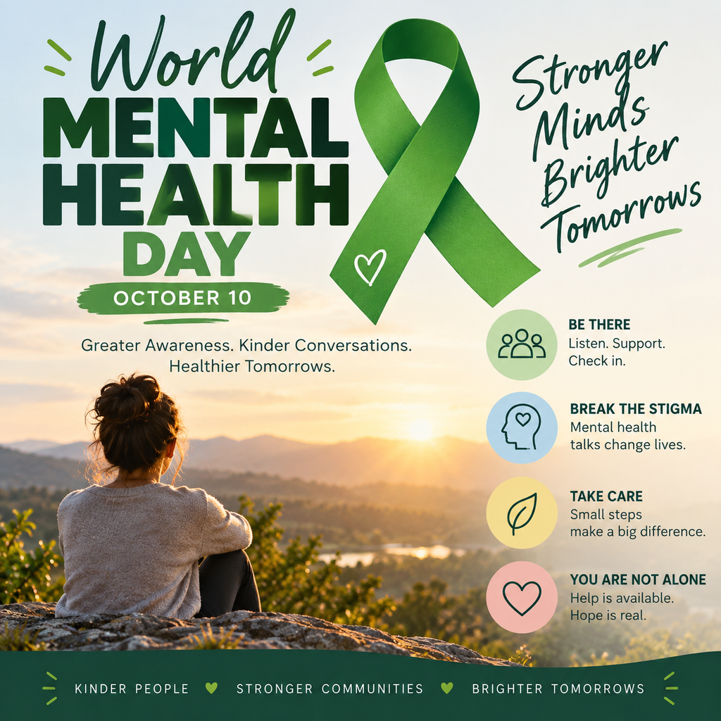 World Mental Health Day graphic for October 10 featuring a green awareness ribbon and a person overlooking a sunrise. Messages encourage people to listen, support others, break the stigma, practice self-care, and remember that help is available and no one is alone.