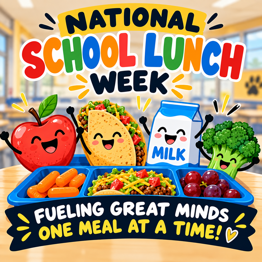 Square National School Lunch Week graphic featuring smiling cartoon characters of an apple, taco, milk carton and broccoli with a colorful school lunch tray. Text reads, “Fueling Great Minds One Meal at a Time!”