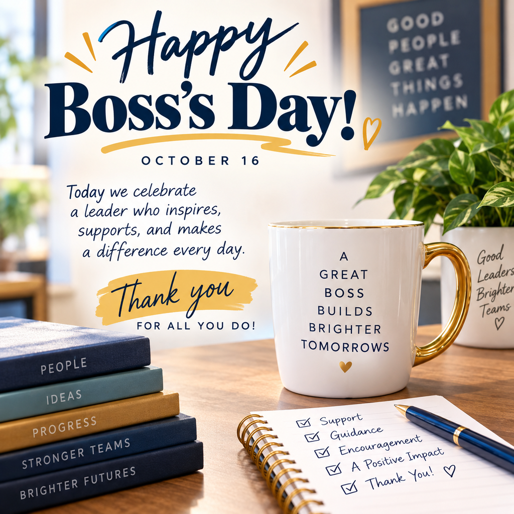 Boss’s Day graphic for October 16 featuring the message “Happy Boss’s Day!” with a warm office scene, coffee mug, books, plant, and notebook. Text thanks leaders for inspiring, supporting, and making a difference every day.