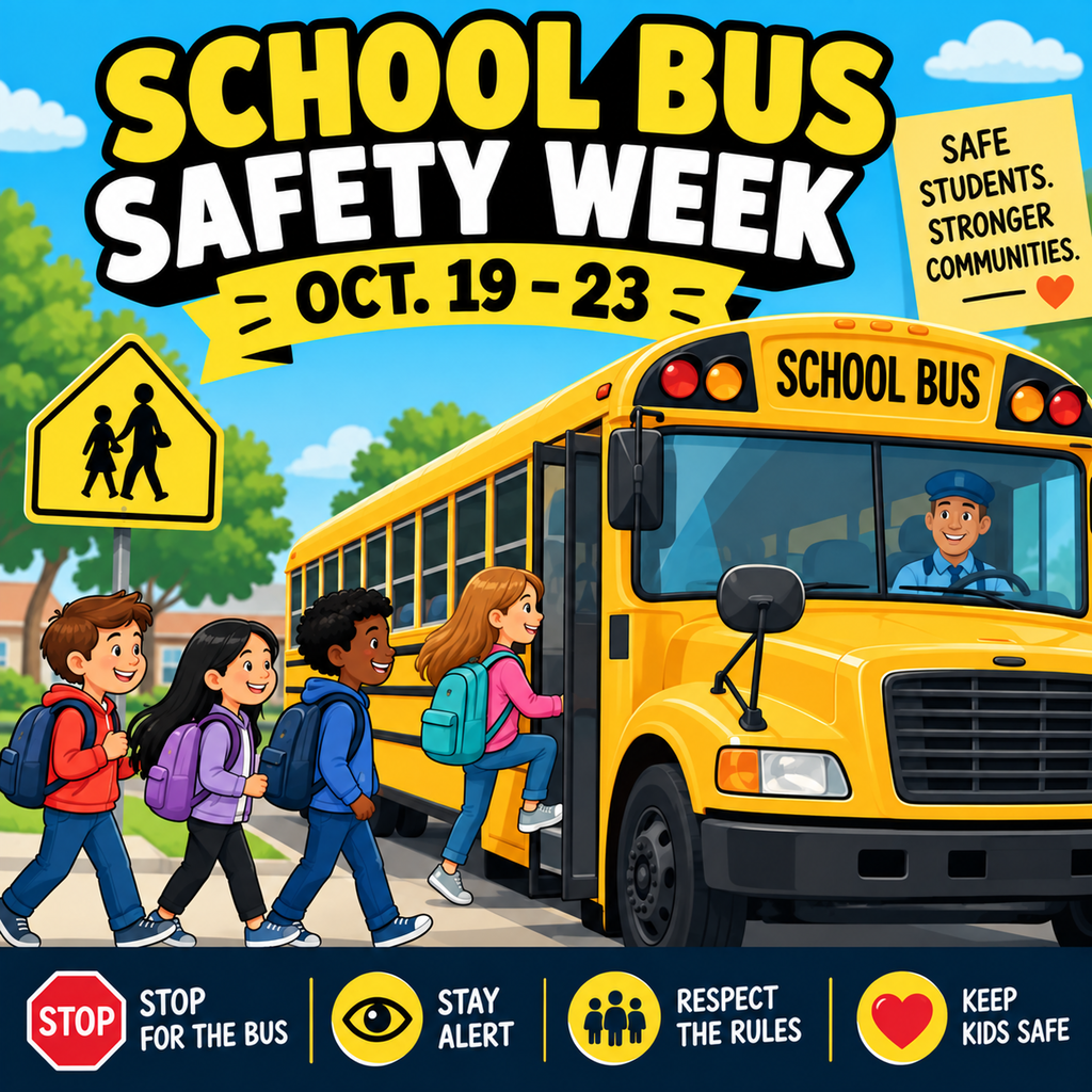 School Bus Safety Week graphic for Oct. 19–23 featuring a yellow school bus with students boarding. Safety reminders include stop for the bus, stay alert, respect the rules, and keep kids safe.