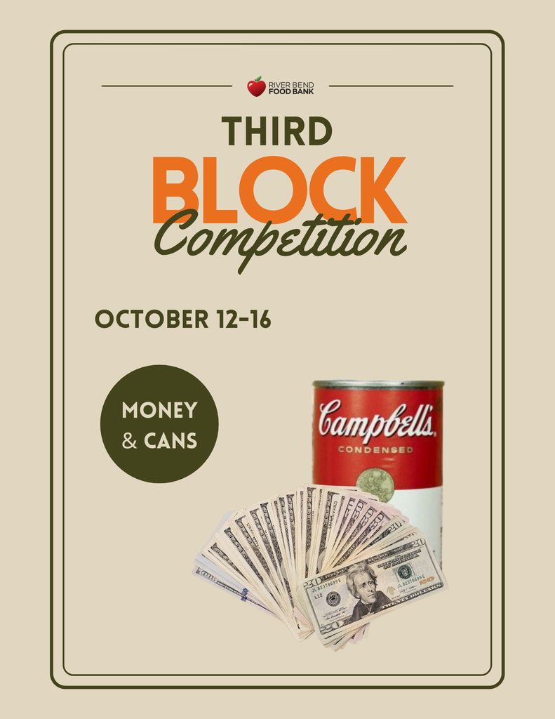 A picture of a a can good and some dollars advertising a class competition during third block.