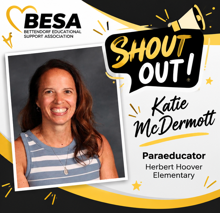 Black, white, and gold BESA Shout Out graphic featuring Katie McDermott, paraeducator at Herbert Hoover Elementary. Katie's smiling portrait is displayed alongside her name and position, with a megaphone, stars, and celebratory accents.