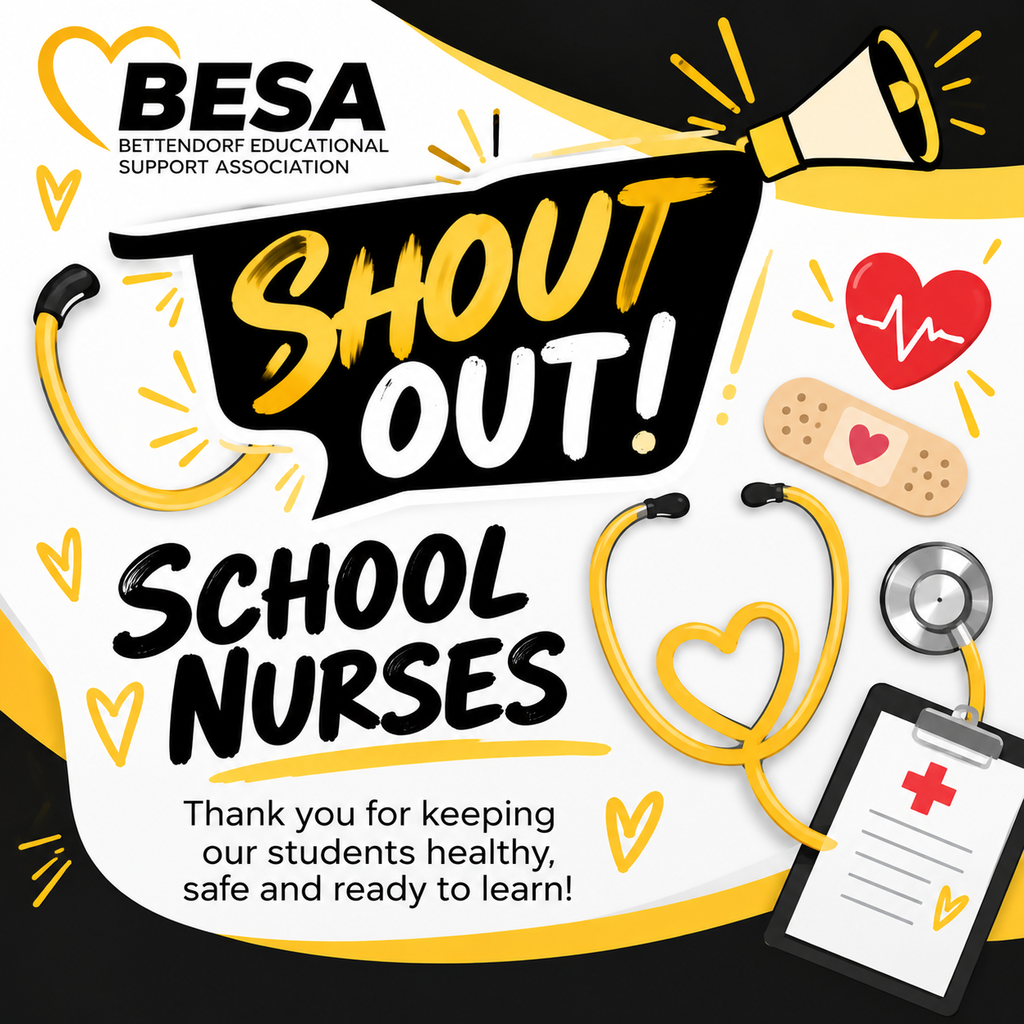 Black, white, and gold BESA Shout Out graphic celebrating school nurses. Medical illustrations include a stethoscope, heart with heartbeat line, bandage, and clipboard. Text reads, "Thank you for keeping our students healthy, safe and ready to learn!"