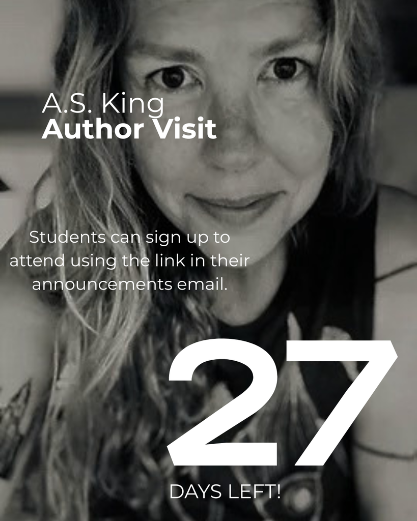 Want to help fight the literacy crisis? So does award winning author for teens, A.S. King. On Monday, Nov. 16, she is visiting BHS to discuss this very issue with our students. There will be a book signing from 10:00-11:00 on the stage in the PAC, followed by King's presentation, "Literacy: the Secret Sauce of Life."