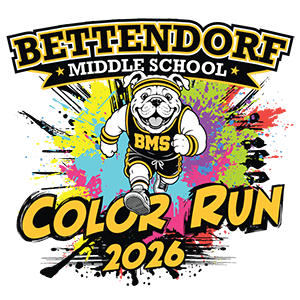 Bettednorf Middle School Color Run 2026 - graphic of a bulldog running with a colorful splash behind him