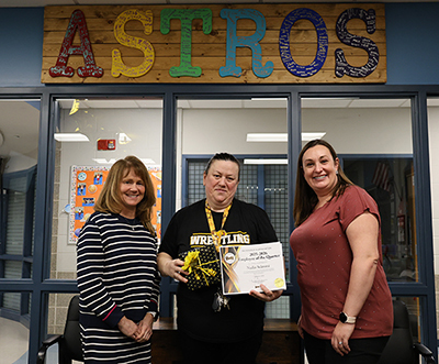 Nadia Selmani with Dr. Morse and Principal Burchard