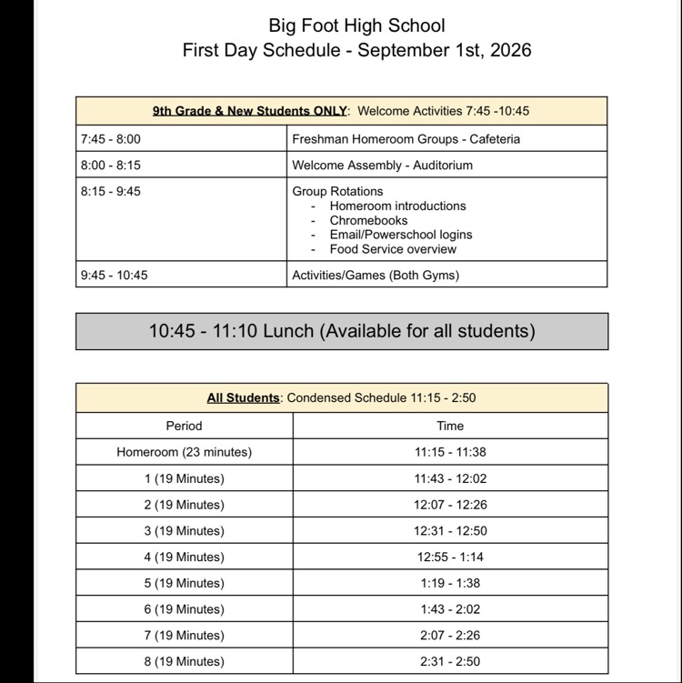 first day of school schedule