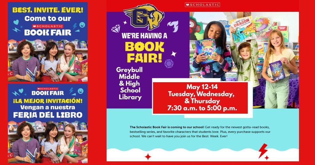 Flyer with students promoting the book fair. Date and time included