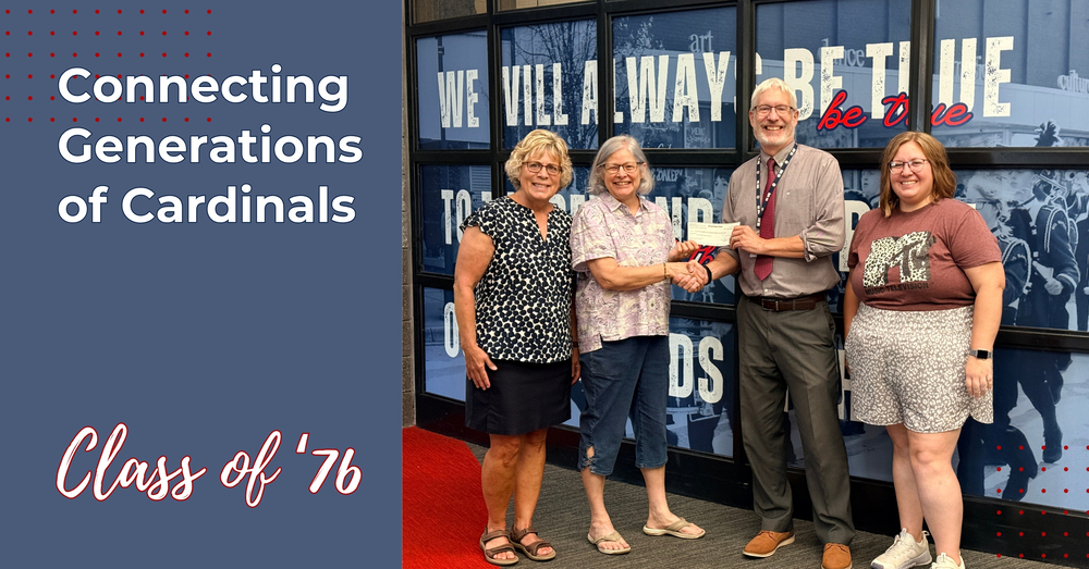 Connecting Generations of Cardinals - Class of '76 - photo of a check being handed off to Principal at BRHS, 2 alumni, current teacher