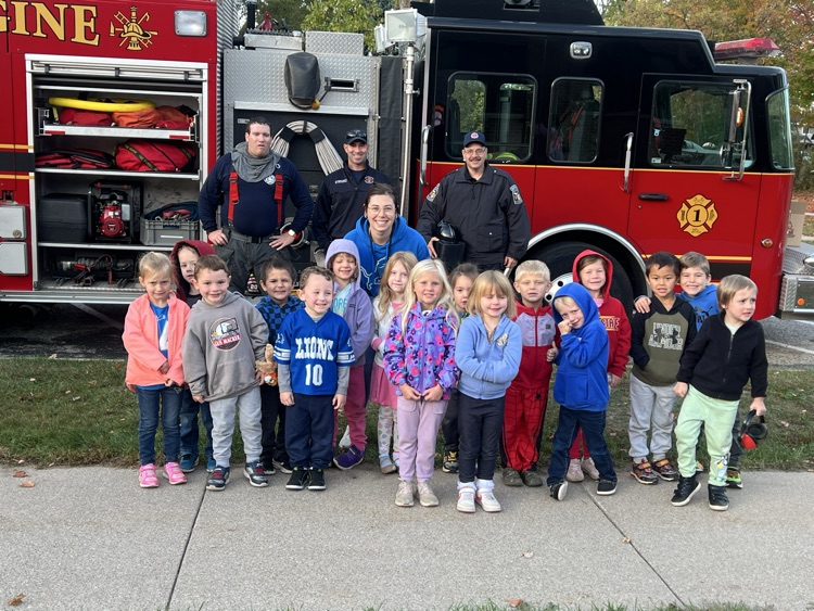 students with fire truck