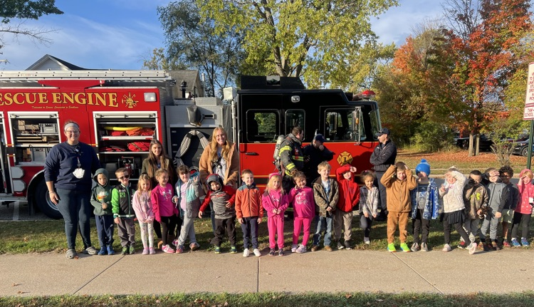 students with fire truck