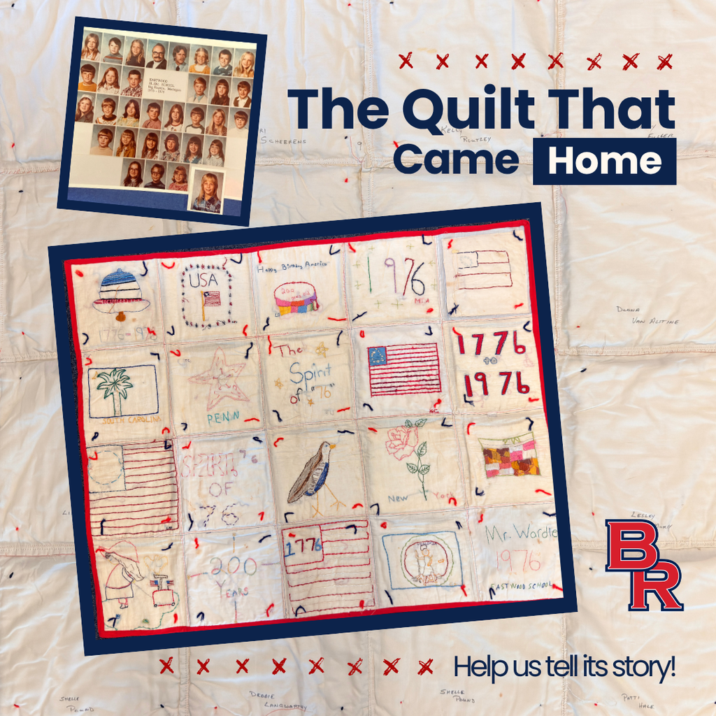 The quilt that came home - Help us tell its story! Picture of quilt and class of students from 1976