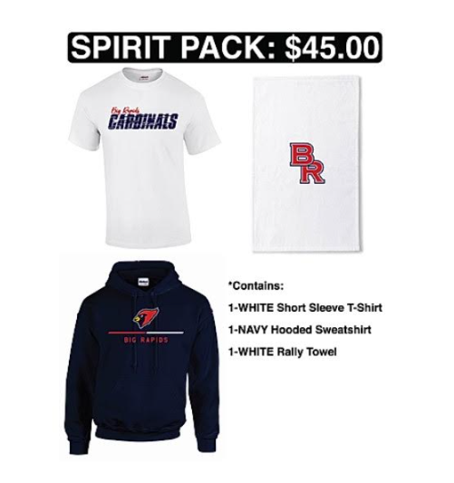 Spirit Pack $45 - Contains 1 white short sleeve t-shirt, 1 navy hooded sweatshirt, 1 white rally towel