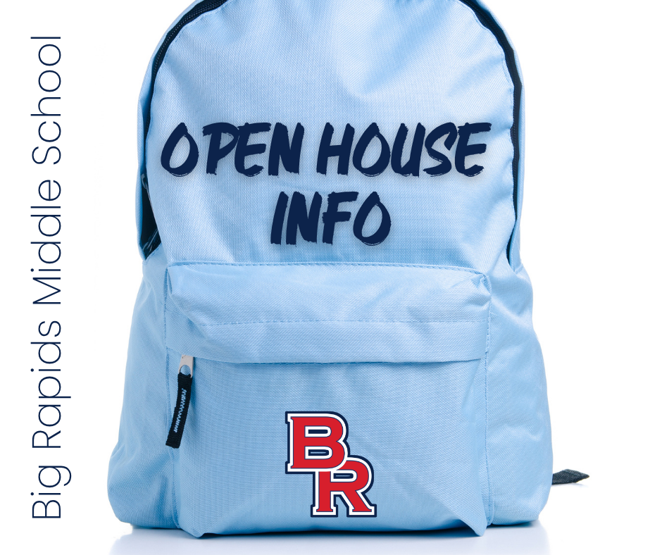 Big Rapids Middle School Open House Info - image of backpack with BR logo