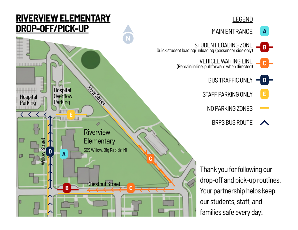 Map of the Riverview Drop-off/Pick-Up procedures - included in attached pdf.