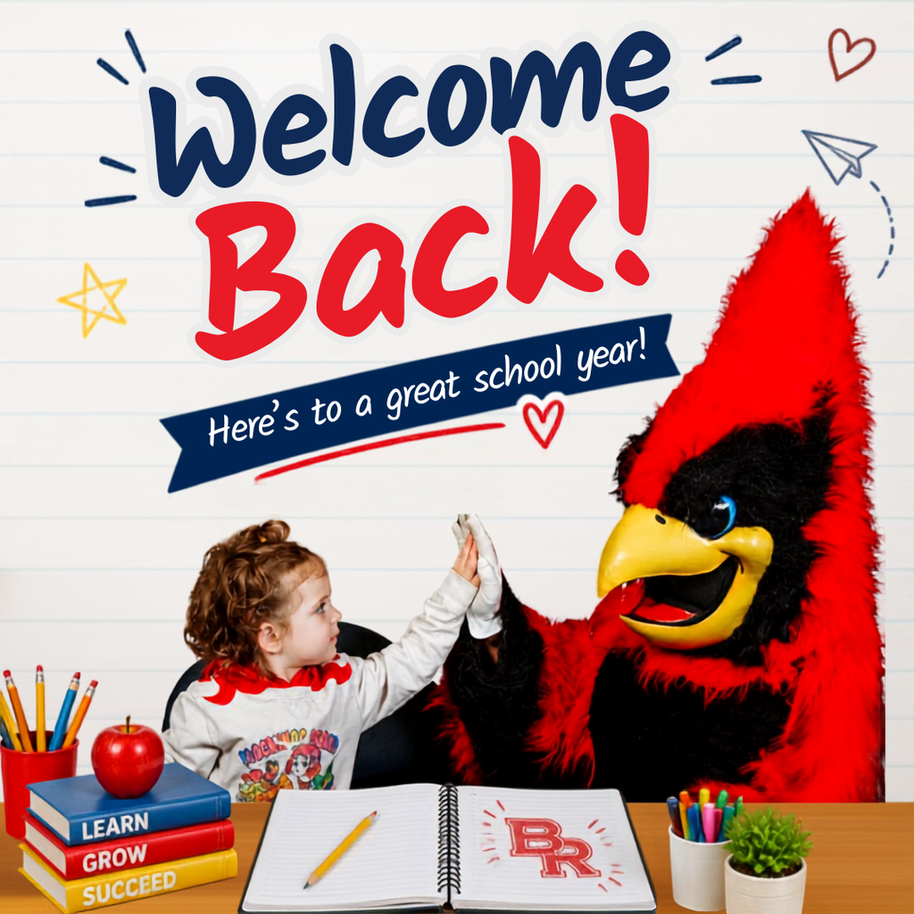 Welcome back!  Here's to a great school year - image of a student high-fiving Big Red, the cardinal
