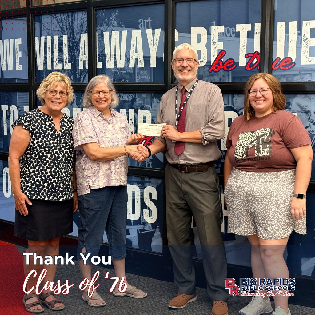 Thank you Class of '76 - image of two alumnus presenting a check to High School Principal and teacher