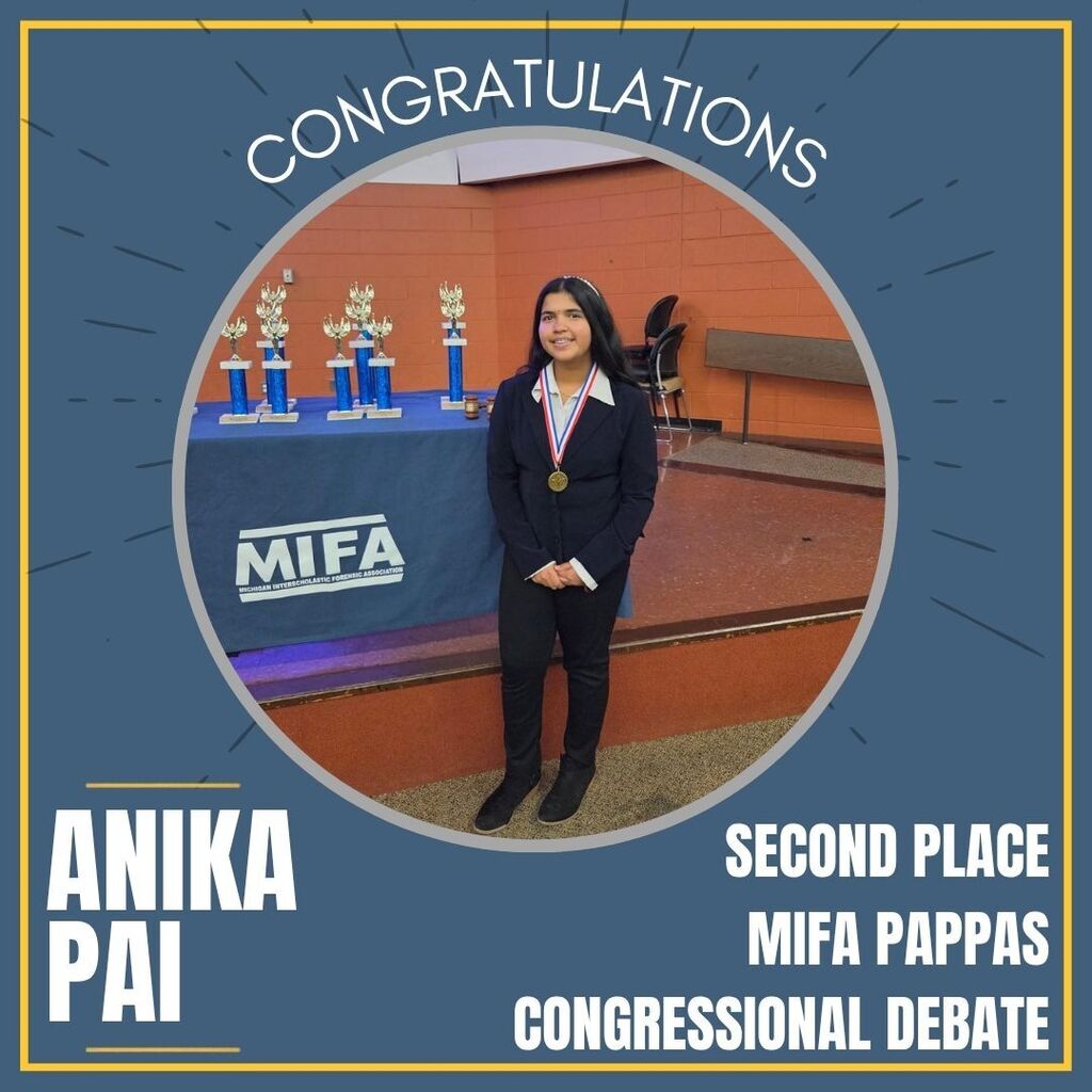 Anika Pai Second Place MIFA Pappas Congressional Debate-photo of student with her medal
