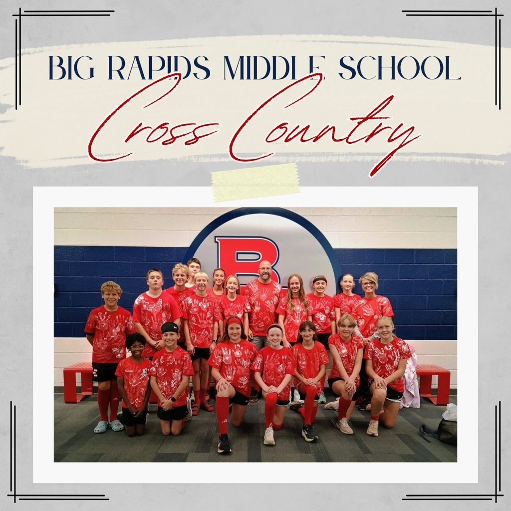 Big Rapids Middle School Cross Country-team photo wearing red shirts with coaches handprints on the shirts