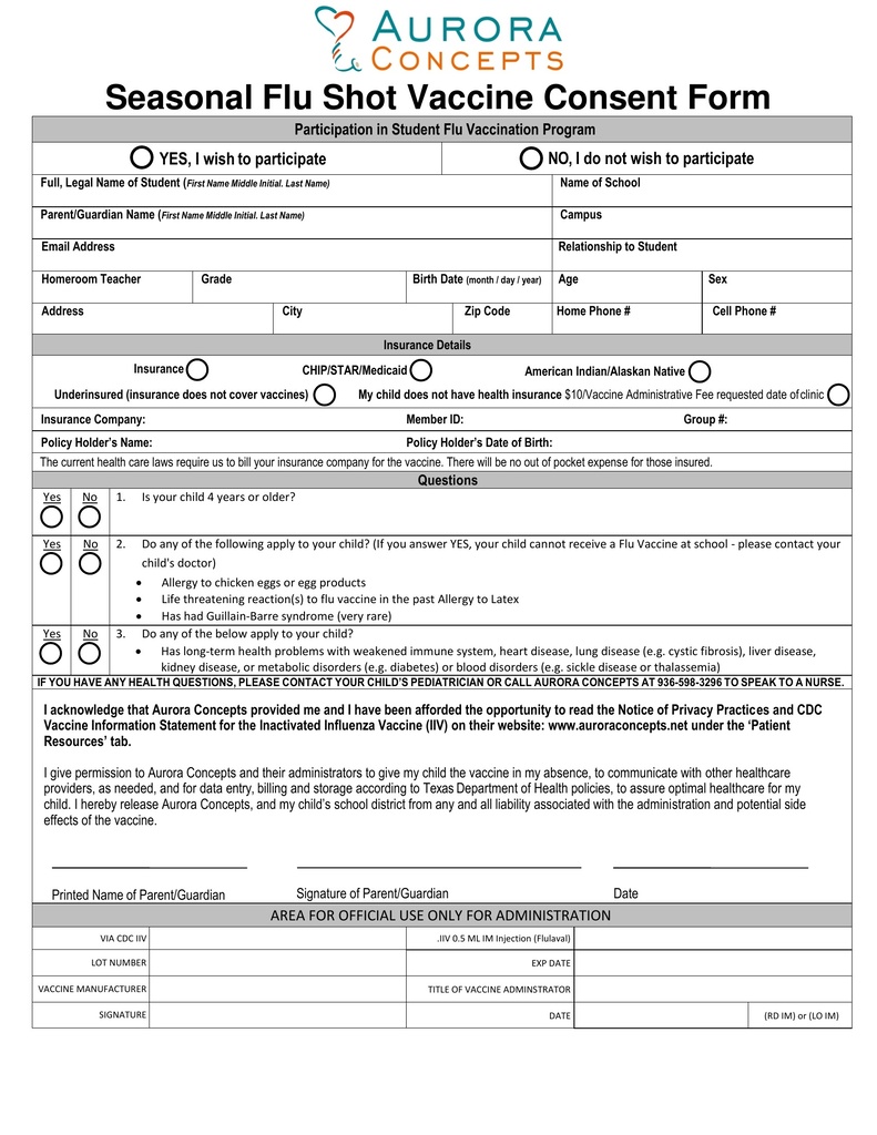 FORM FOR FLU SHOT