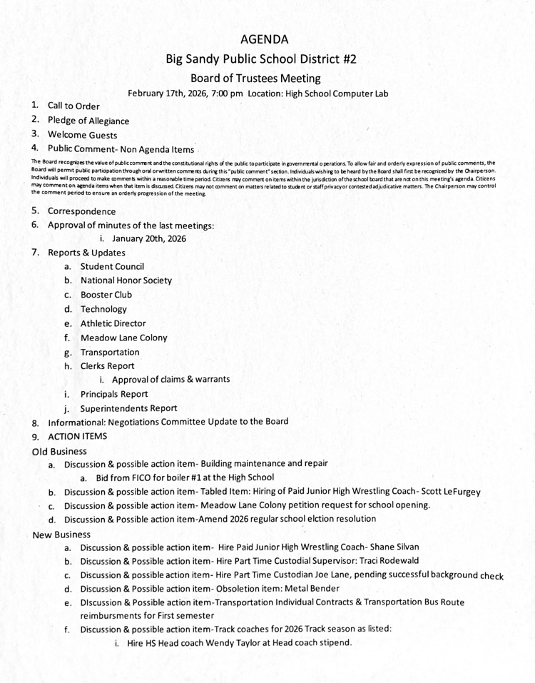 agenda for February 17th board meeting 