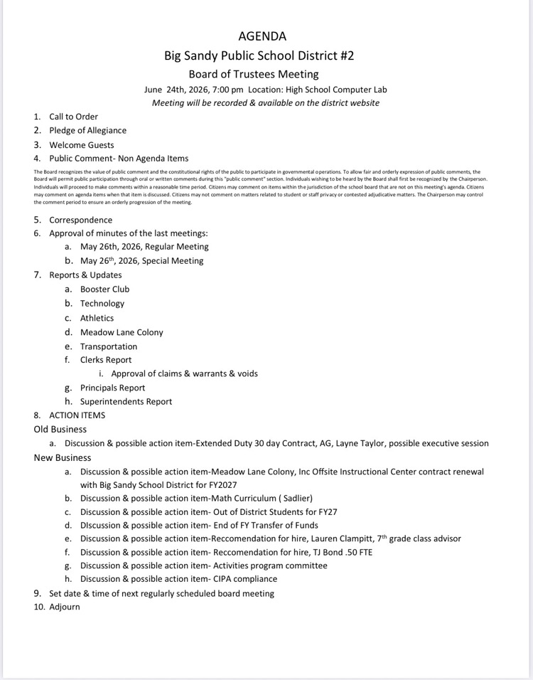 June 2026 regular meeting agenda 