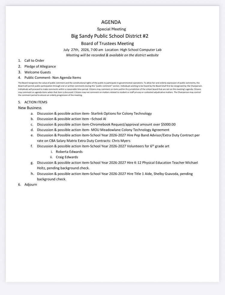 special meeting board of trustees July 27th 2026
