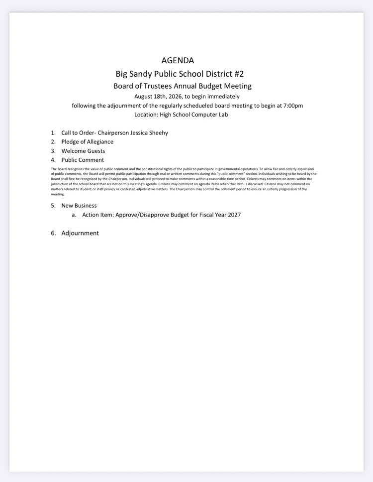 Annual Big Sandy Board of Trustees budget meeting agenda 