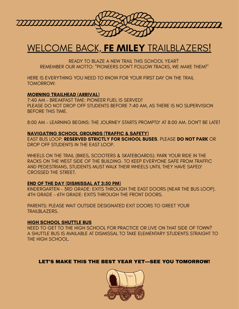 FE Miley information about the first day of school