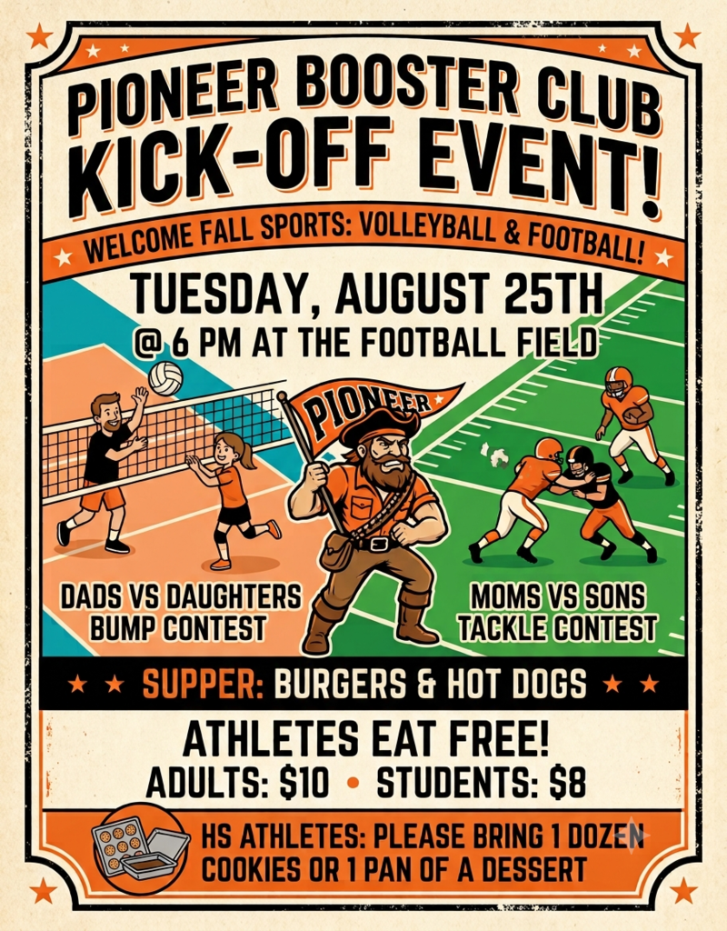 Booster Club Kick Off Event, Tuesday August 25th at 6 pm at the Football Field