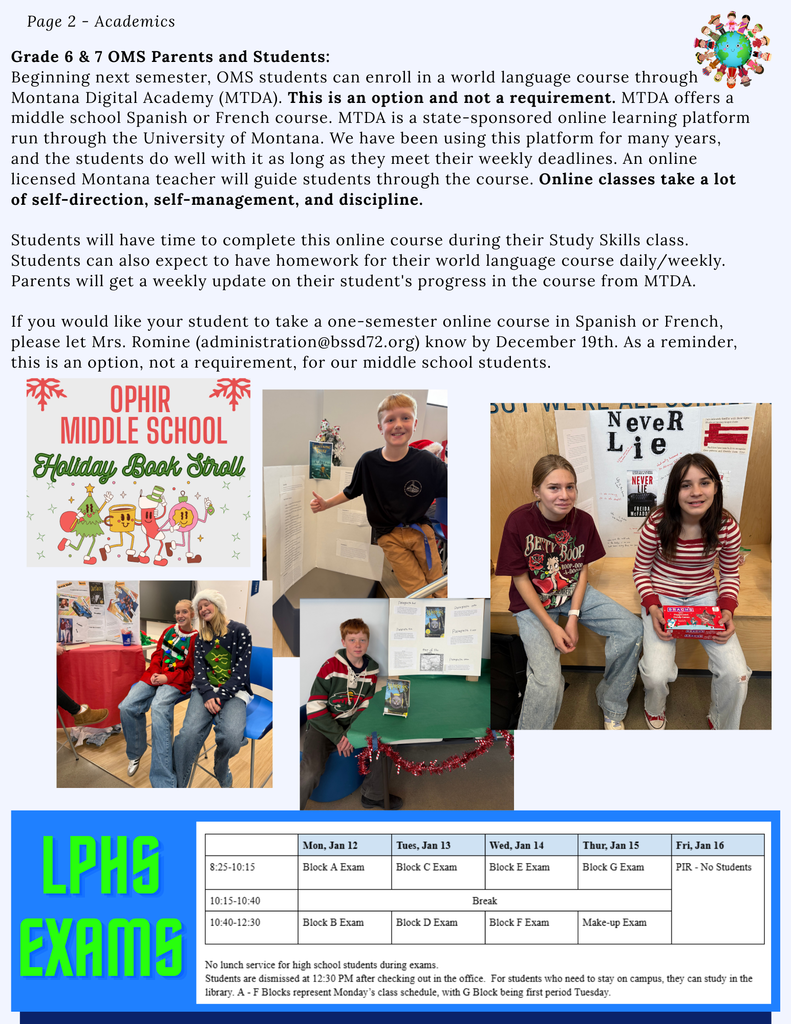 Issue 17 - Page 2 - Academics: OMS language option, OMS Book Stroll, LPHS Exam Schedule