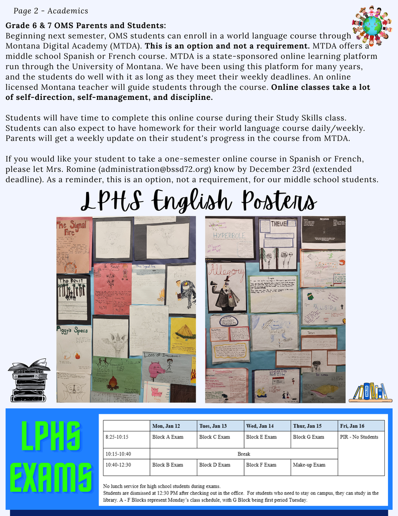 Exam Schedule, English posters, OMS language blurb