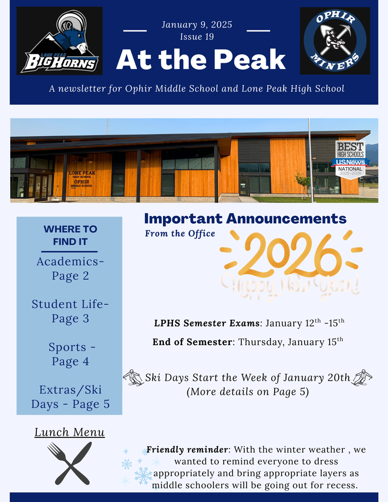 OMS & LPHS Newsletter: At the Peak - Issue 19 - 1.9.2026 - Semester exams and ski days lunch menu and winter clothes reminder