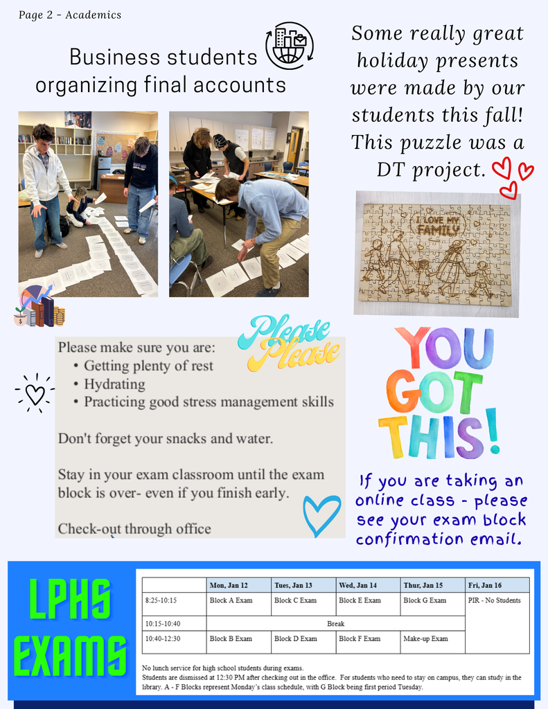 LPHs exam schedule and reminders, business and DT projects