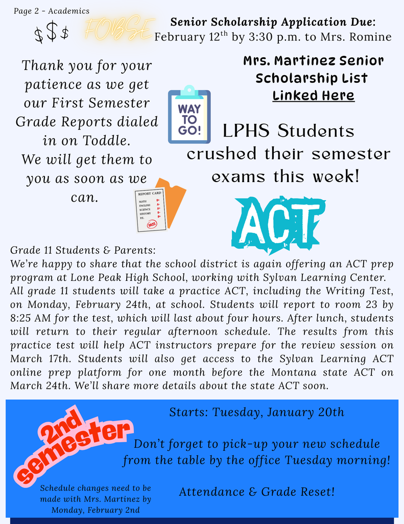 FOBSE deadlines, ACT info for 11th grade, 2nd semester reminders